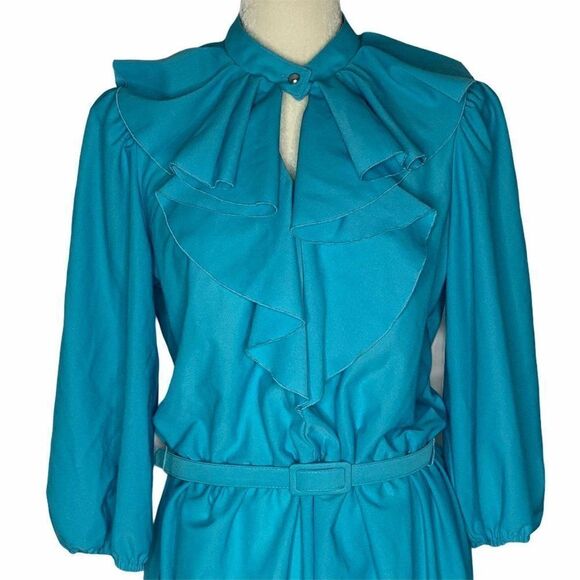 Vintage Key Hole Ruffle Midi Dress M Blue - Picture 1 of 10